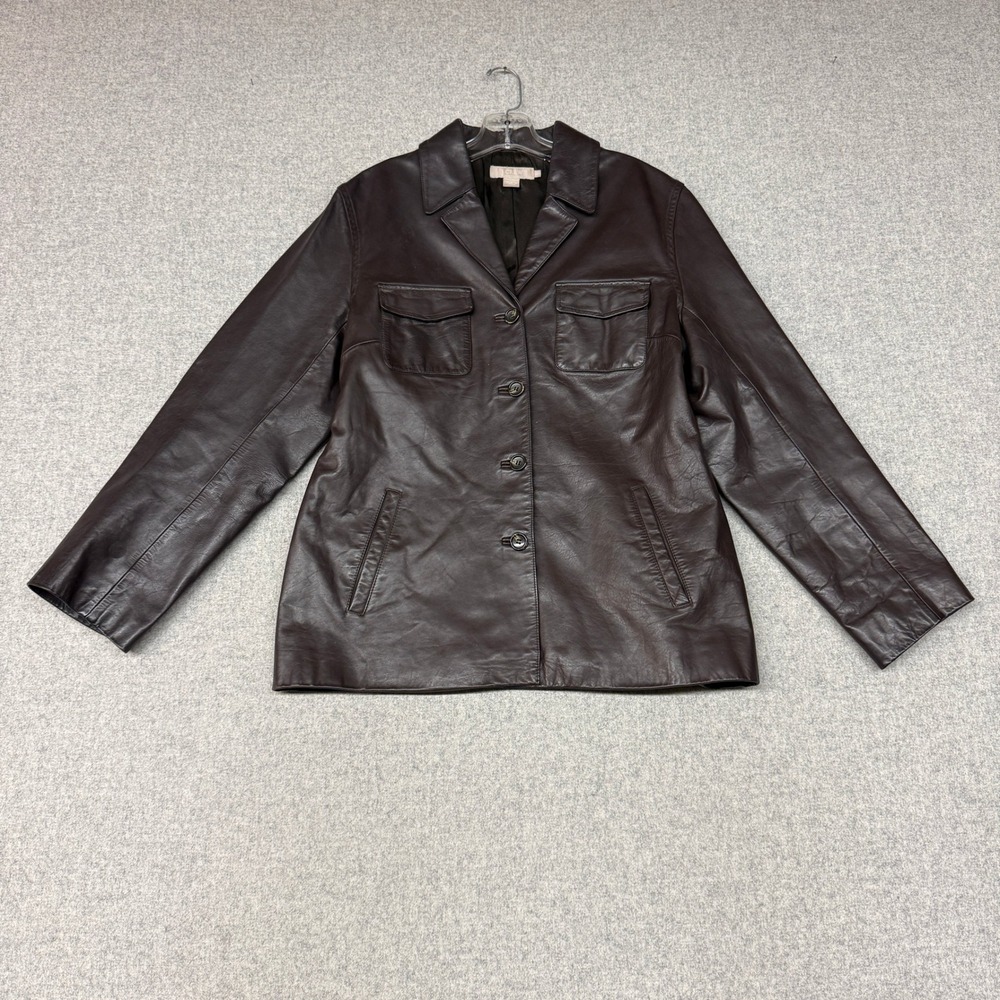 J.Crew Leather Jacket Large Brown Button Front Field Coat Pockets Classic 2193